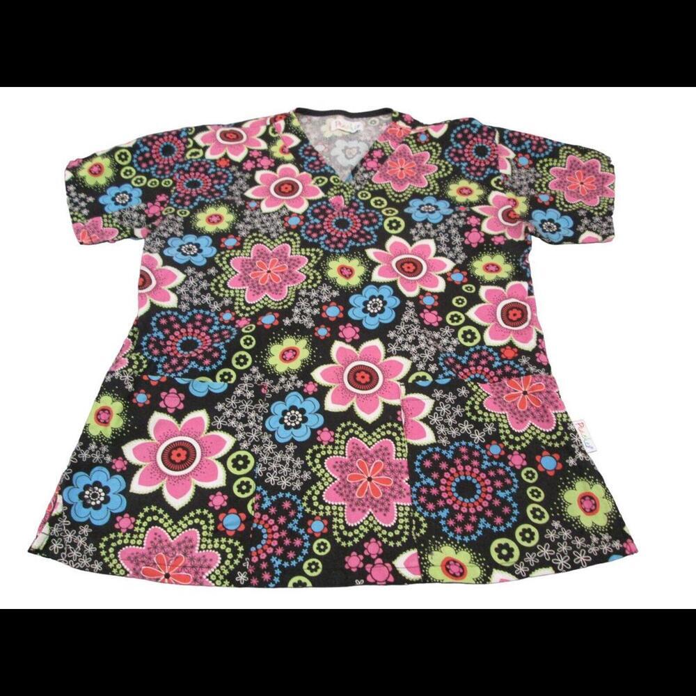 Peaches Womens Bright Floral Uniform Medical Scrub Top Nurse Work Wear Size XS​